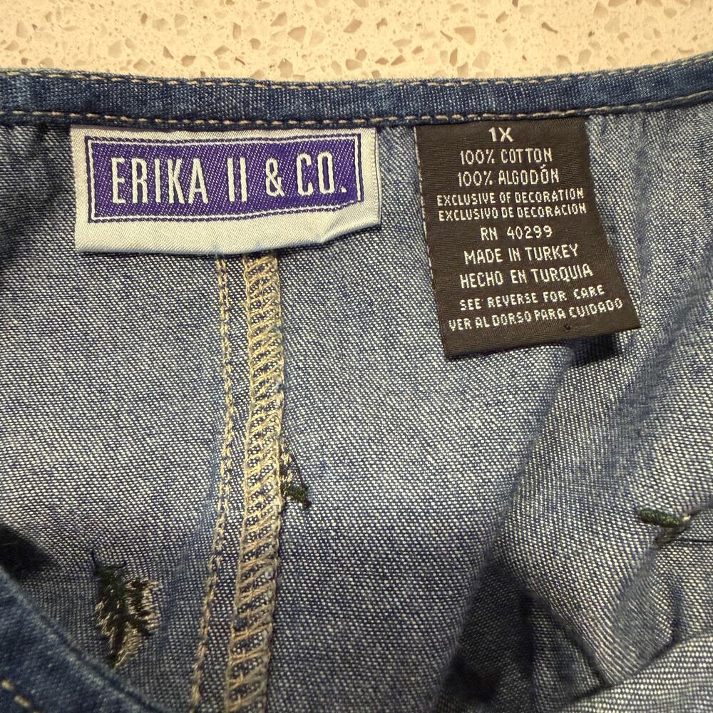 Vintage Erika Co Embroidered Chambray Denim Midi Dress 1X Cotton Cottage Modest - Picture 10 of 12